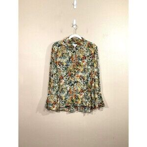 J Jill Womens Wheat Painterly Floral Button Up Shirt LP Cottagecore Twee Fall